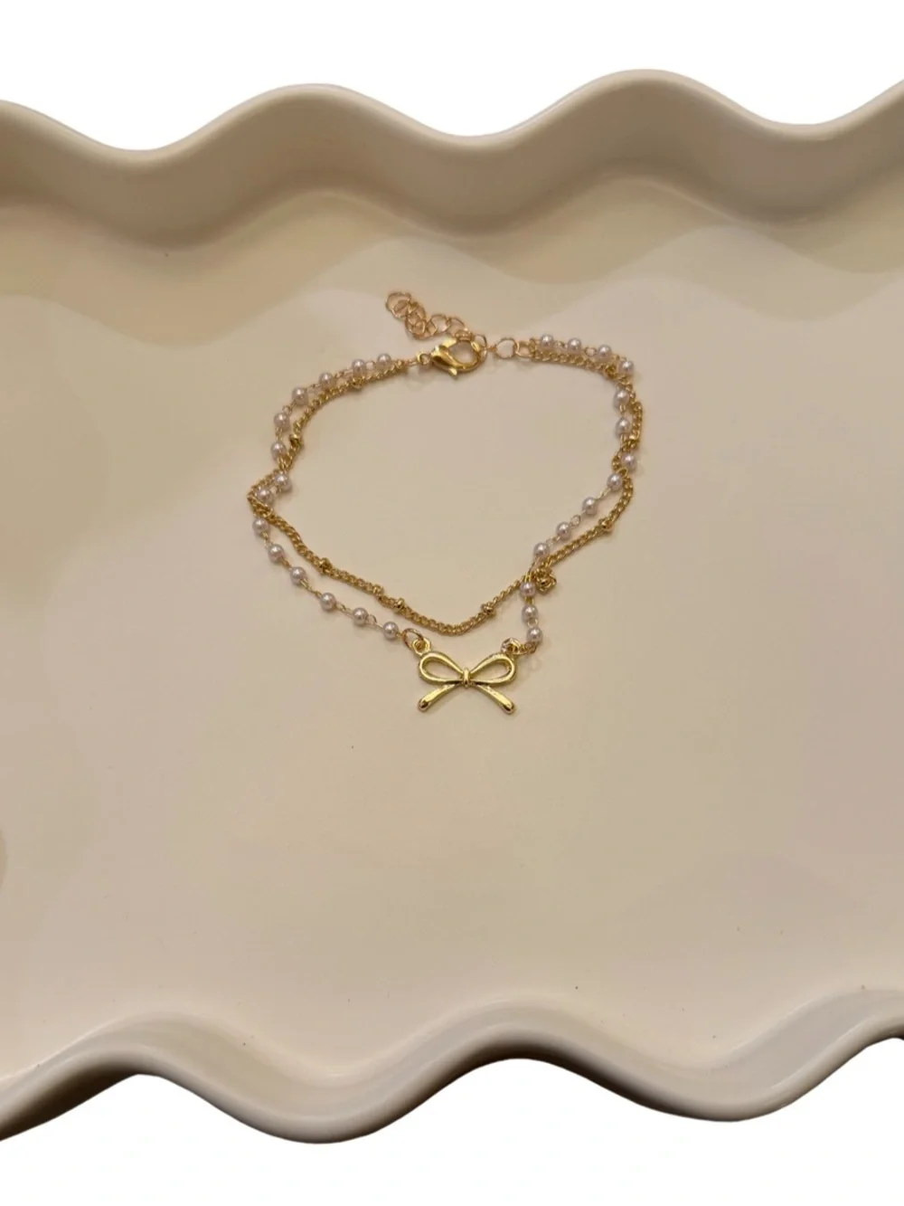 Vintage Gold Bow Pearl Anklet | Double Layer Beach Anklet | 14K Gold Plated